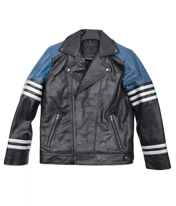 Front View Men’s Classic Black and Blue Striped Leather Biker Jacket