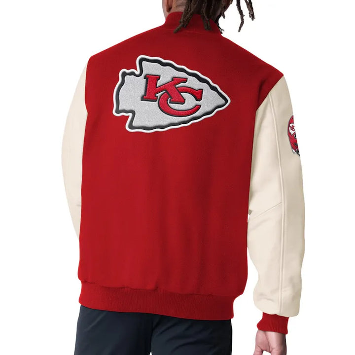 red and off-white chiefs wool leather jacket


