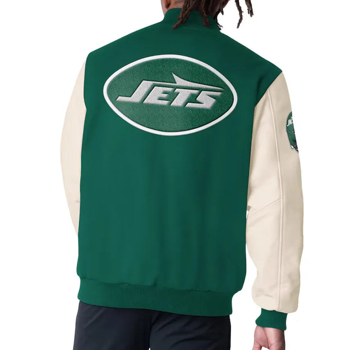 Green and off-white Jets wool and leather jacket

