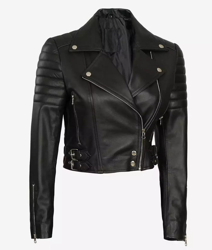 Stylish Women’s Asymmetrical Black Leather Moto Jacket, Cropped Fit by TJS in USA