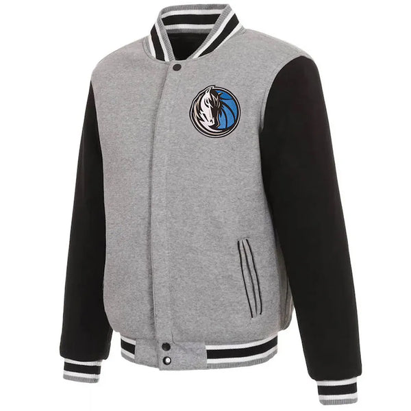 Front View NBA Dallas Mavericks Gray and Black Varsity Wool Jacket
