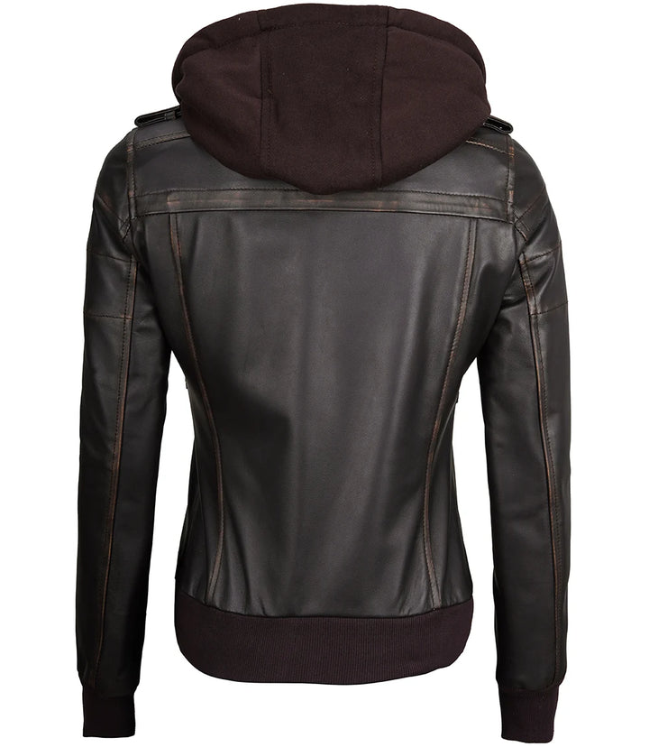 Women's Dark Brown Rub Off Leather Jacket with Removable Hood in United state market