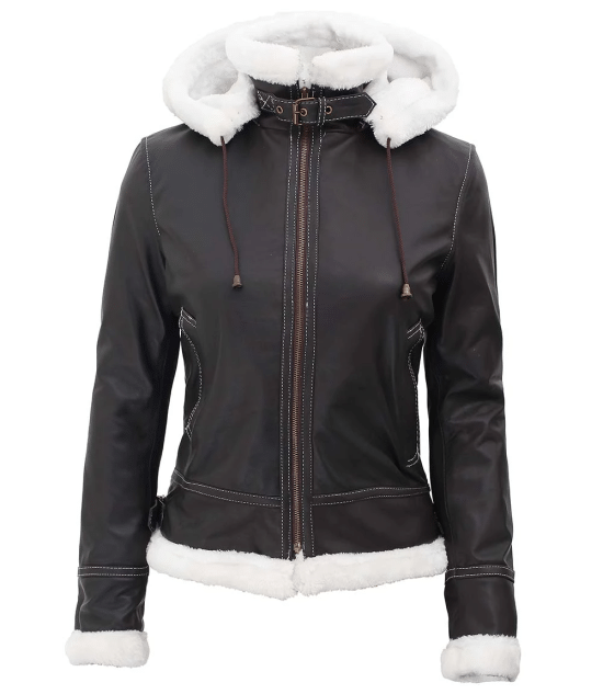 Womens Bomber Faux Fur Lined Leather Jacket with Removable Hood