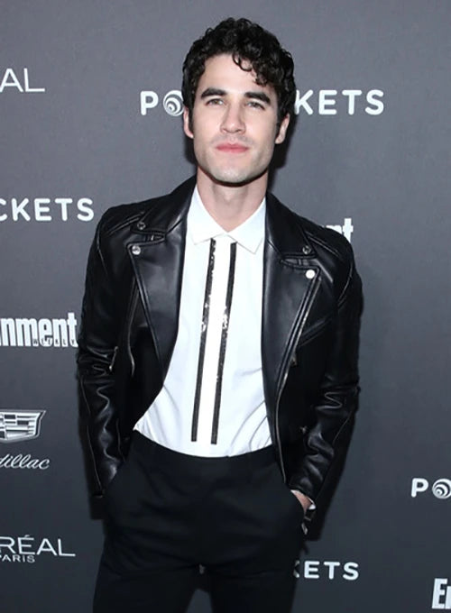 Darren Criss's stylish black leather jacket look in German market