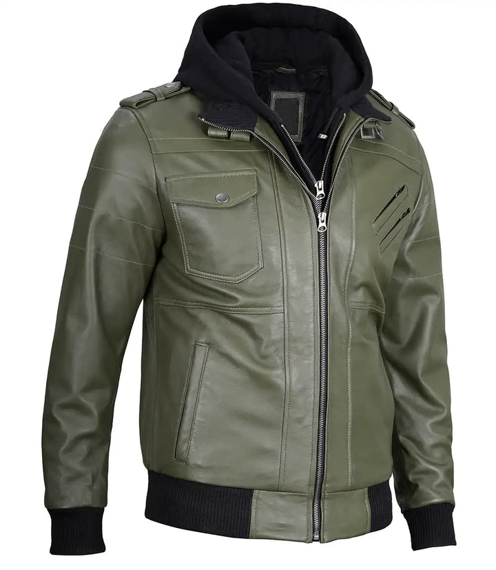 Elegant Men's Military Green Leather Jacket with Removable Hood in USA