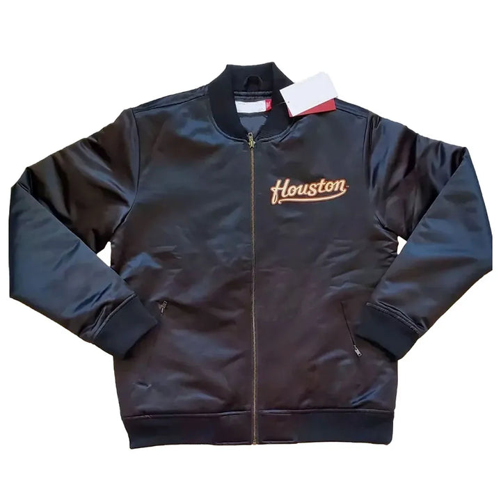 Black jacket with 'Houston' text on a white background