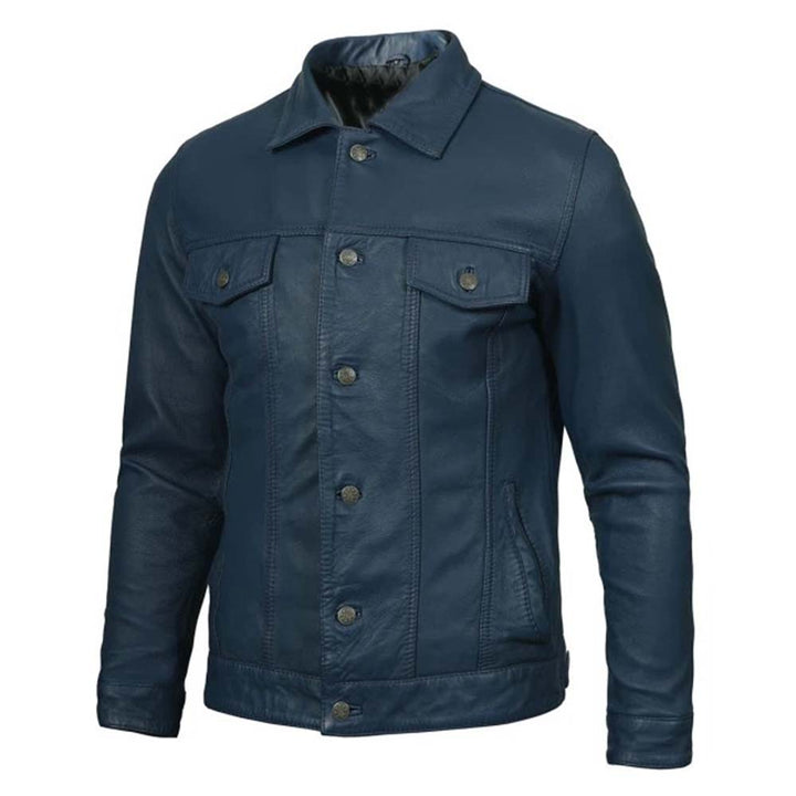 Blue washed leather trucker jacket for men in USA