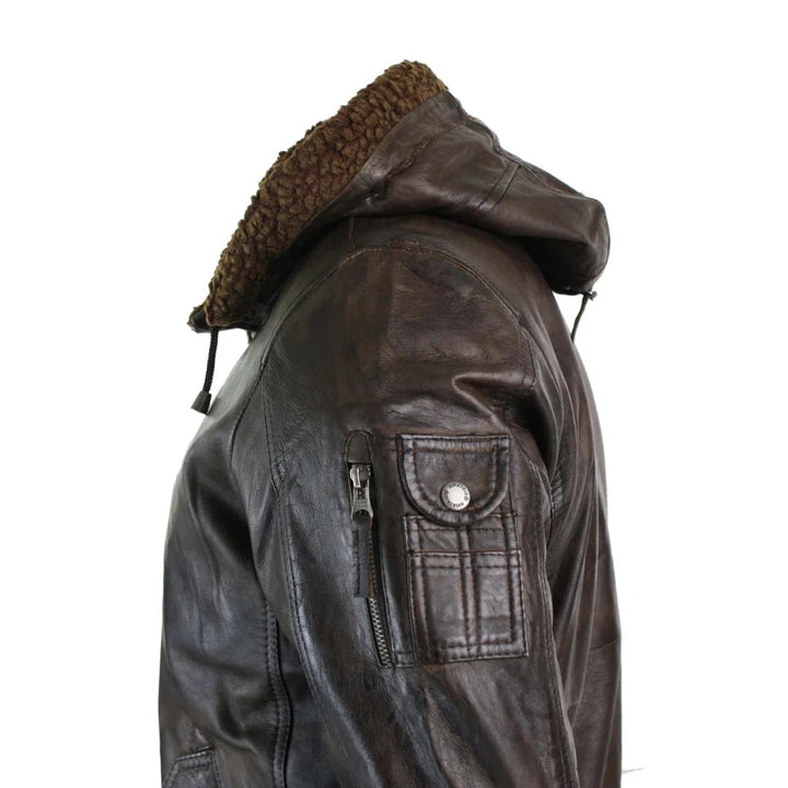 Men's casual wear leather jacket with detachable hood