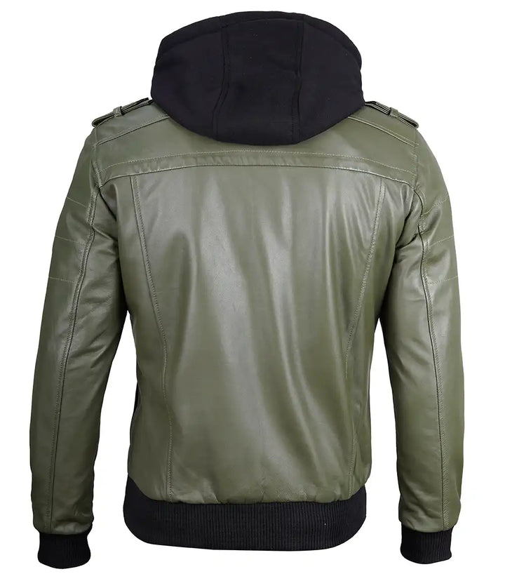 Premium Men's Military Green Leather Jacket with Detachable Hood in United state market