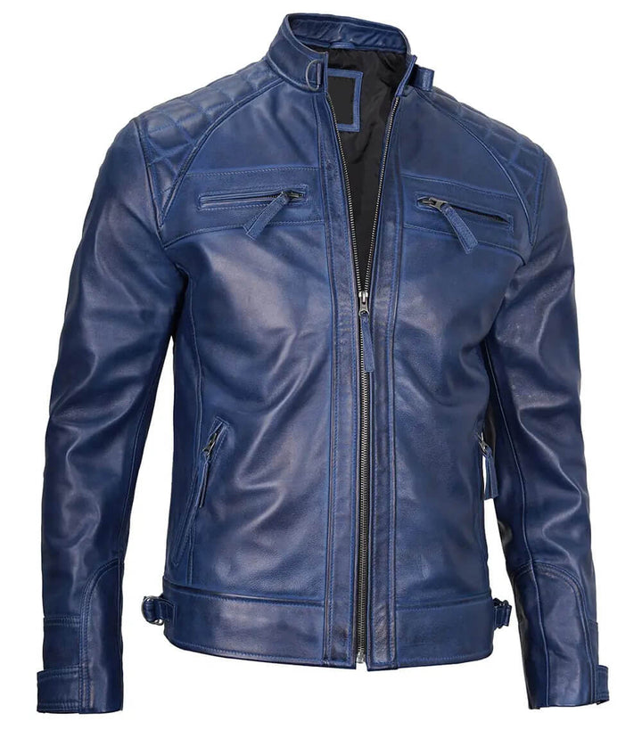 Side View of Men's Blue Wax Leather Café Racer Jacket in American style