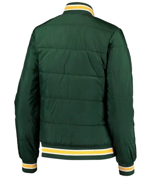 Rib-knitted collar and cuffs on green bomber jacket in American Style