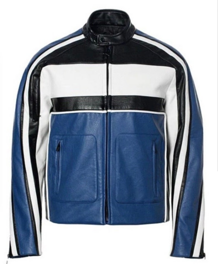 German fashion style distressed blue leather jacket by TJS

