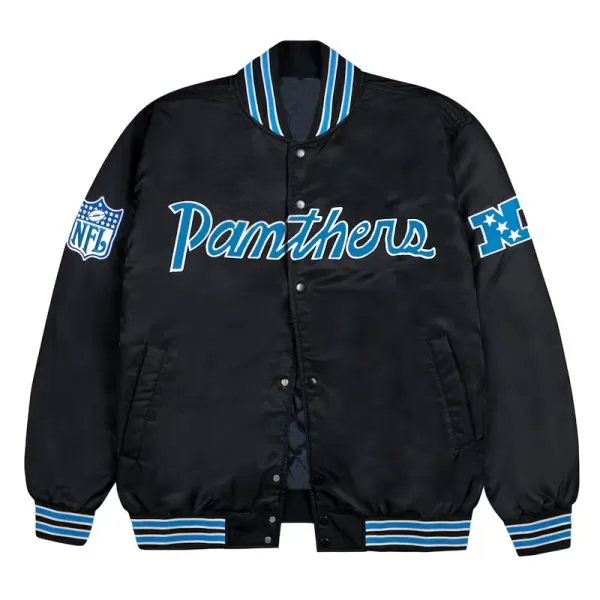 Carolina Panthers Blue Rib Bomber Black Satin Jacket