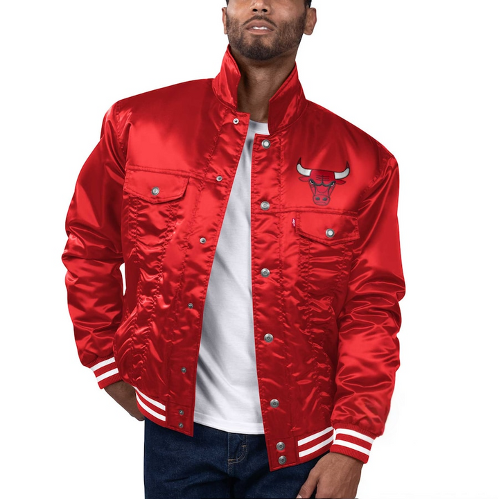 Front view NBA Chicago Bulls Silver Label Satin Trucker Jacket