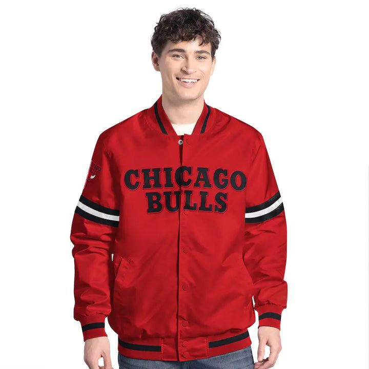Front view NBA Men's Chicago Bulls Starter Red/Black Scout Full Snap Varsity Jacket