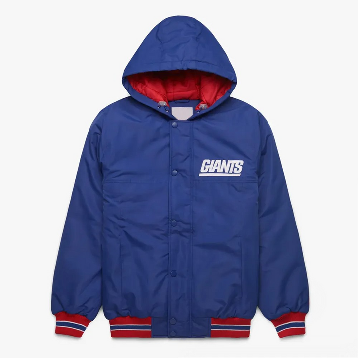 Blue jacket with red accents and 'Giants' logo on a white background in USA