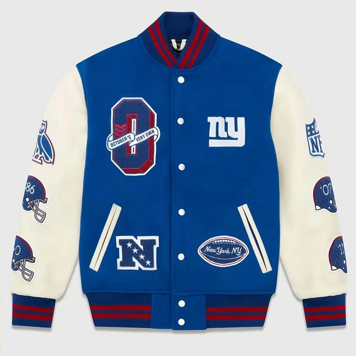 Blue and white varsity jacket with sports-themed designs on a light gray background in American Style