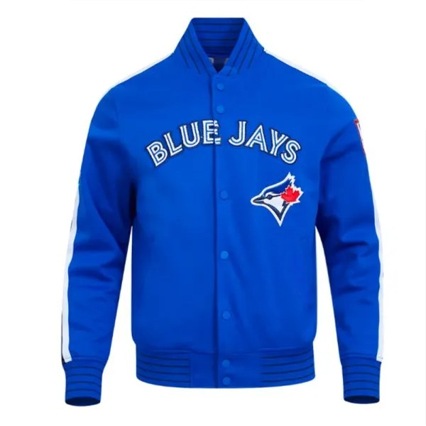 Blue jacket with 'Blue Jays' branding on a white background in USA