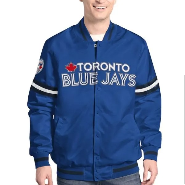 Blue Toronto Blue Jays jacket worn by a person on a white background in USA