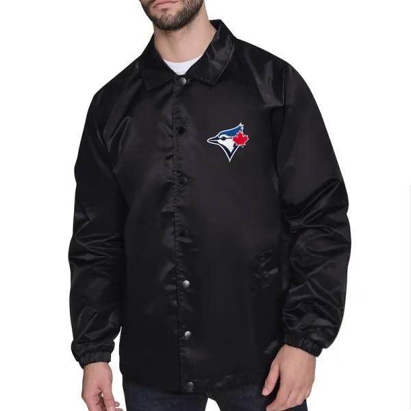 Black jacket with a logo on the chest against a white background in USA