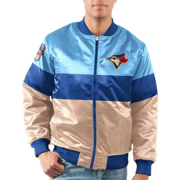 Blue and beige jacket with a logo on a white background