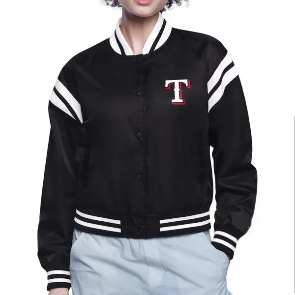 Black varsity jacket with white accents and a logo on a white background