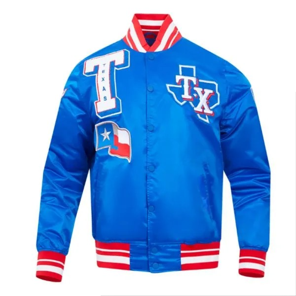 Blue jacket with Texas-themed designs on a white background