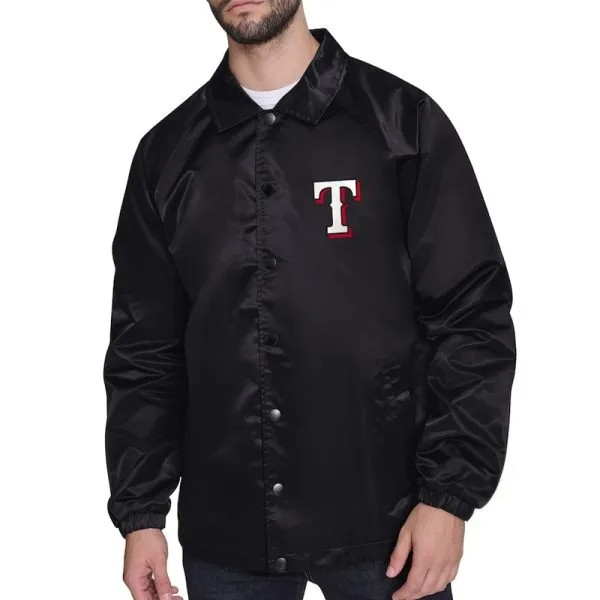 Black jacket with a red and white logo on a white background