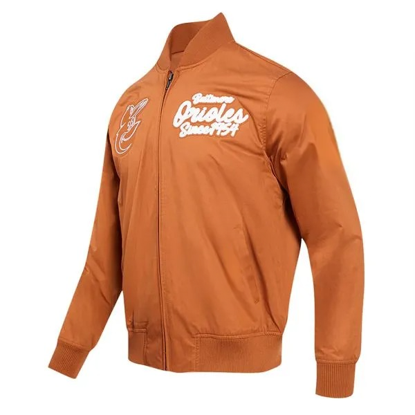 Orange jacket with white text and logo on a white background