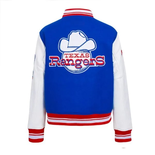 Blue and white jacket with Texas Rangers logo on a white background