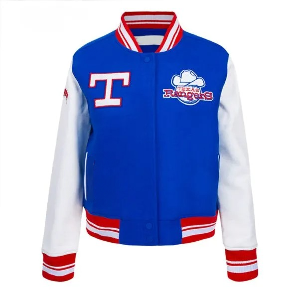 Blue and white varsity jacket with Texas Rangers logo on a white background