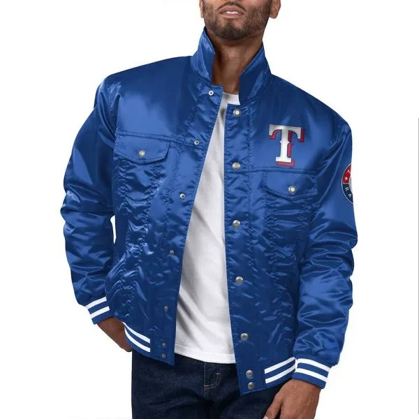 Man wearing a blue jacket with a logo on a white background