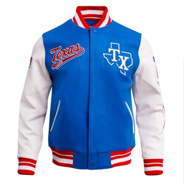 Blue and white varsity jacket with Texas-themed design on a white background