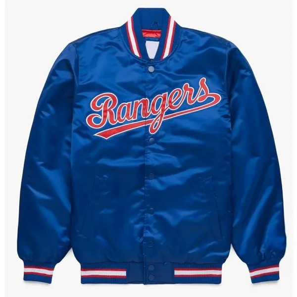 Blue satin jacket with 'Rangers' text on a white background