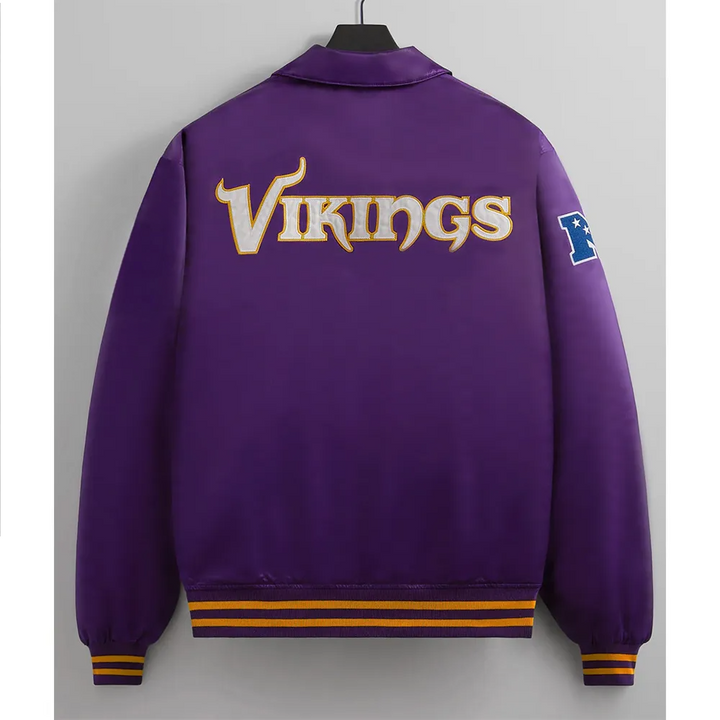 Satin varsity jacket in team colors for Vikings fans in USA