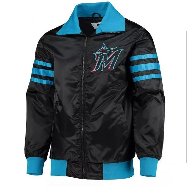 Black satin Miami Marlins varsity jacket in USA
