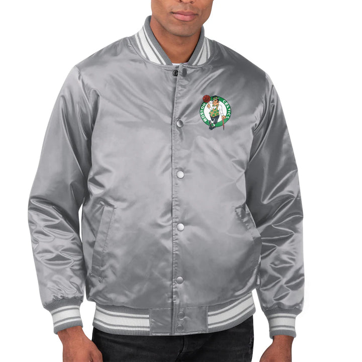 Front View Men's Starter Gray Boston Celtics Satin Varsity Full-Snap Jacket