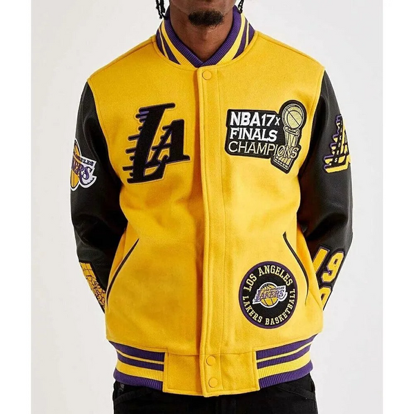 Front View NBA Mash Up Los Angeles Lakers Varsity Yellow and Black Jacket