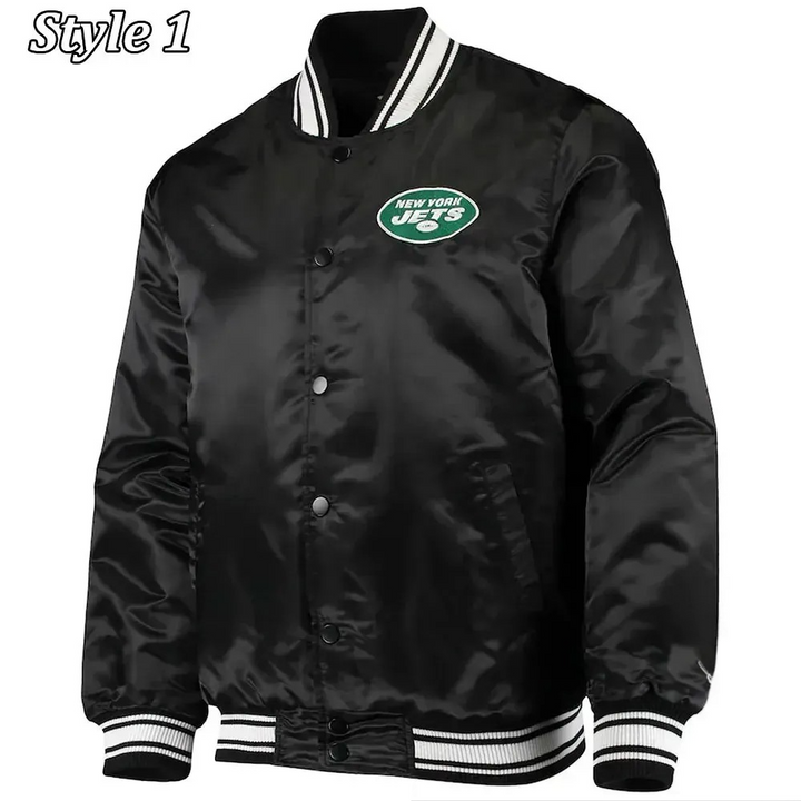 Black satin New York Jets bomber for men and women

