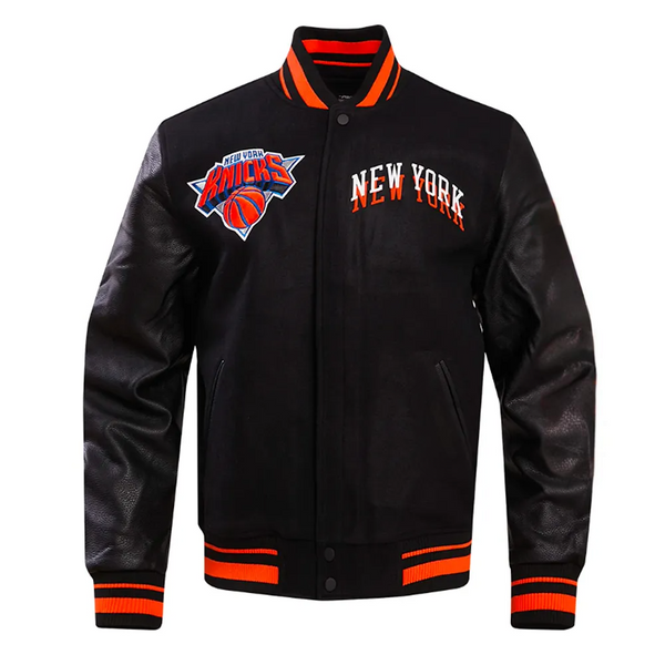 NFL NY Knicks chest layered classic rib varsity jacket front view in USA