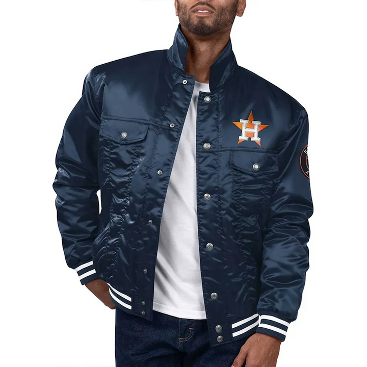 Navy blue jacket with a logo on a white background