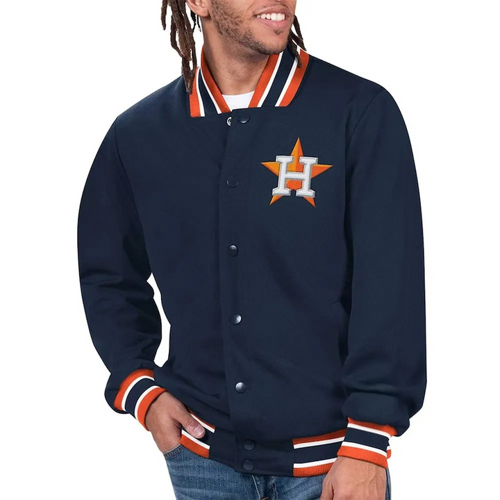 Navy blue varsity jacket with a logo on a white background