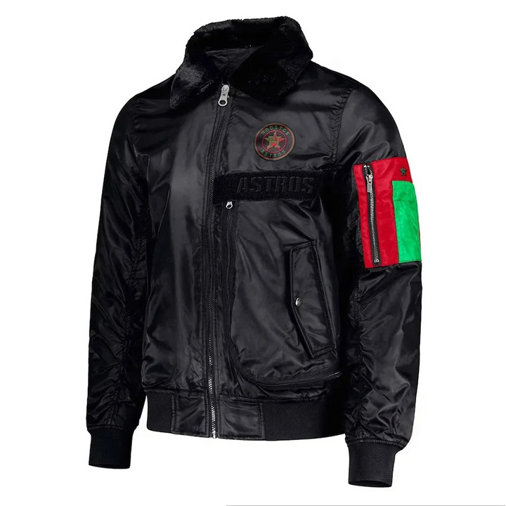Black jacket with red and green accents on a white background