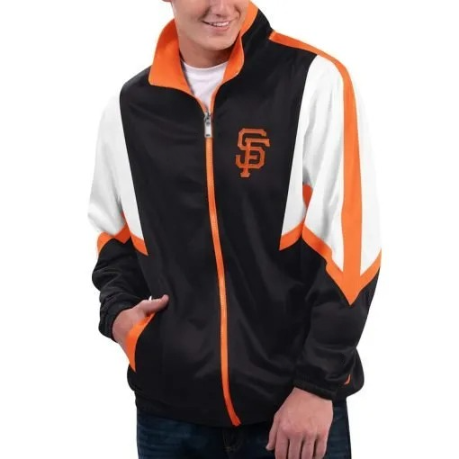 San Francisco Giants black full-zip polyester jacket front view in USA