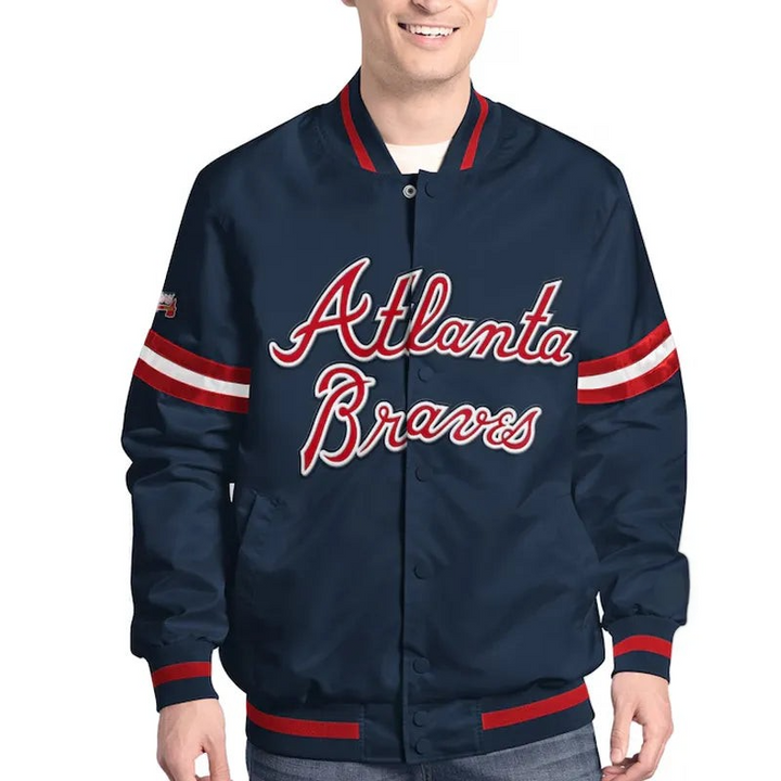Atlanta Braves Scout Varsity Satin Jacket Navy and White


