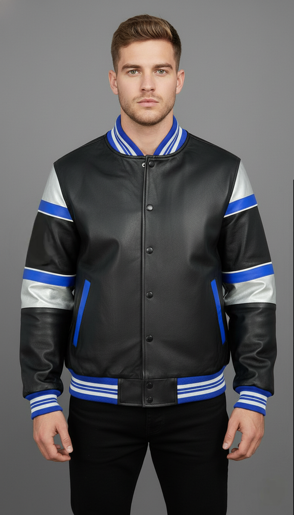 Men's Varsity Vision Black Leather Bomber Jacket | Royal Blue & Silver Striped Snap Button