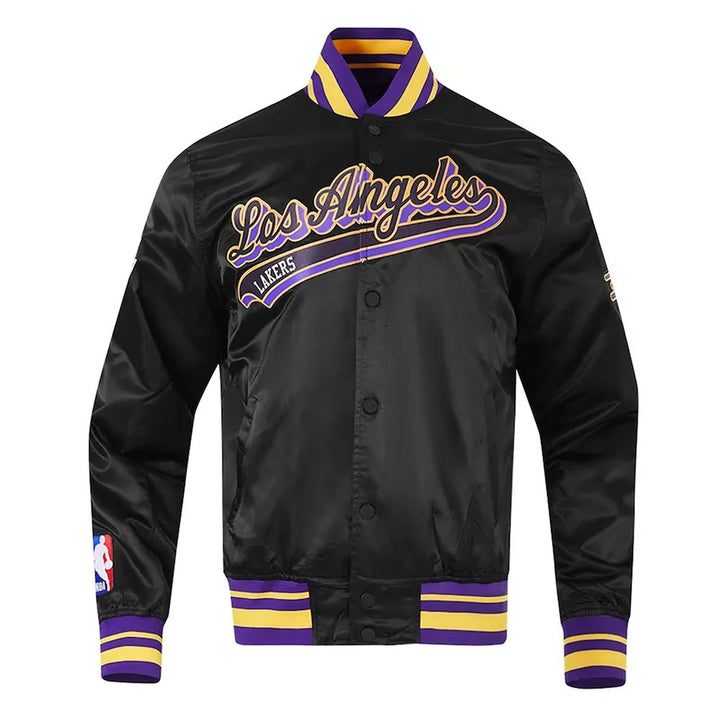 front view NBA Los Angeles Lakers Script Tail Black Satin Jacket