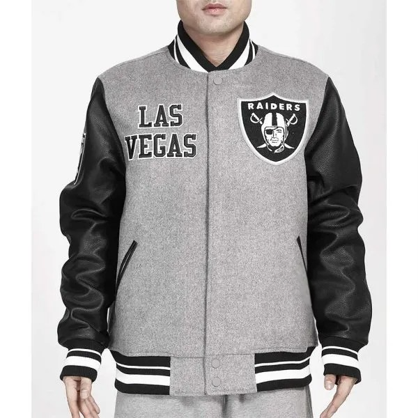 Gray and black Las Vegas Raiders varsity jacket in USA