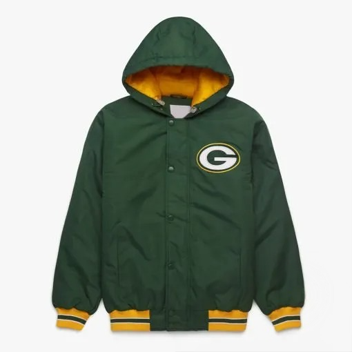 Green Bay Packers hooded polyester jacket front view in USA