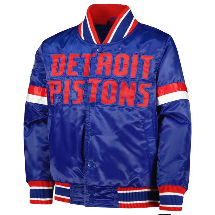 NBA Youth Detroit Pistons Blue Satin Varsity Jacket with Full Snap Closure in American Market